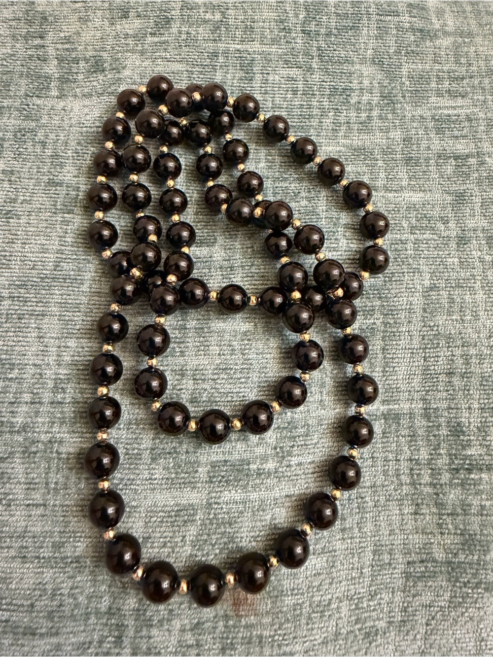 Vintage 14K Gold Black Onyx Bead Necklace 30" Long 8.5mm 72 Gold Spacer 59.86g